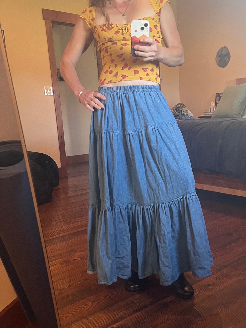 Double D Ranch Washed Denim Blue Tiered A-Line Maxi Skirt